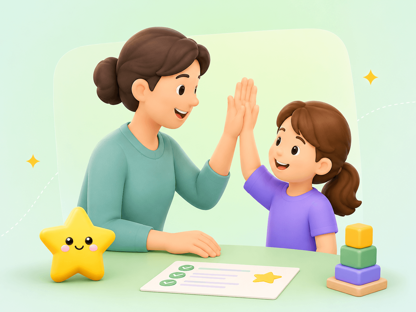 Responsável e criança celebrando uma pequena conquista