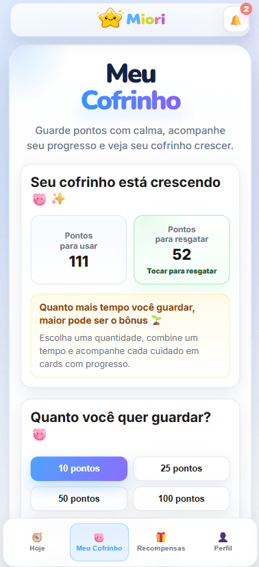 Tela Meu Cofrinho do perfil da criança no aplicativo Miori