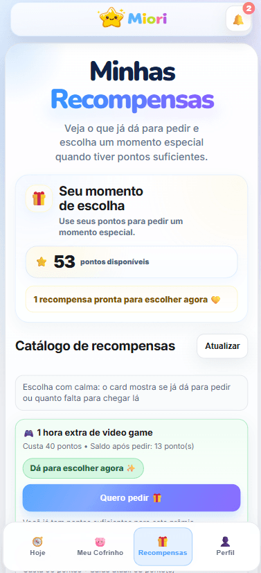 Catálogo de recompensas do perfil da criança no aplicativo Miori