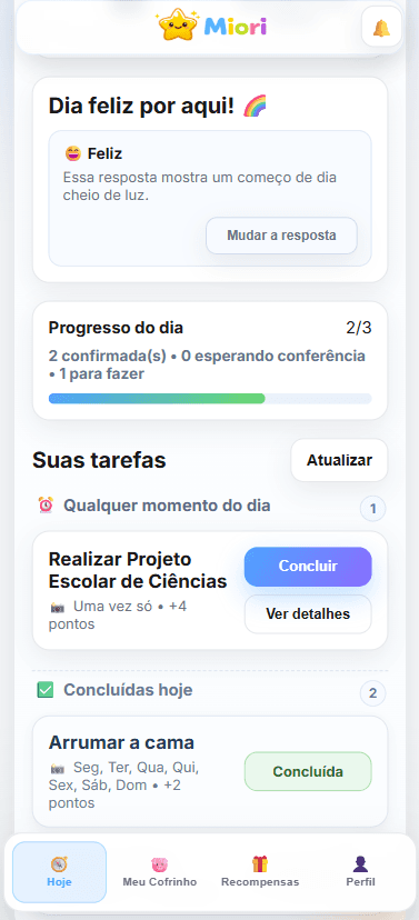 Tela Hoje do perfil da criança no aplicativo Miori